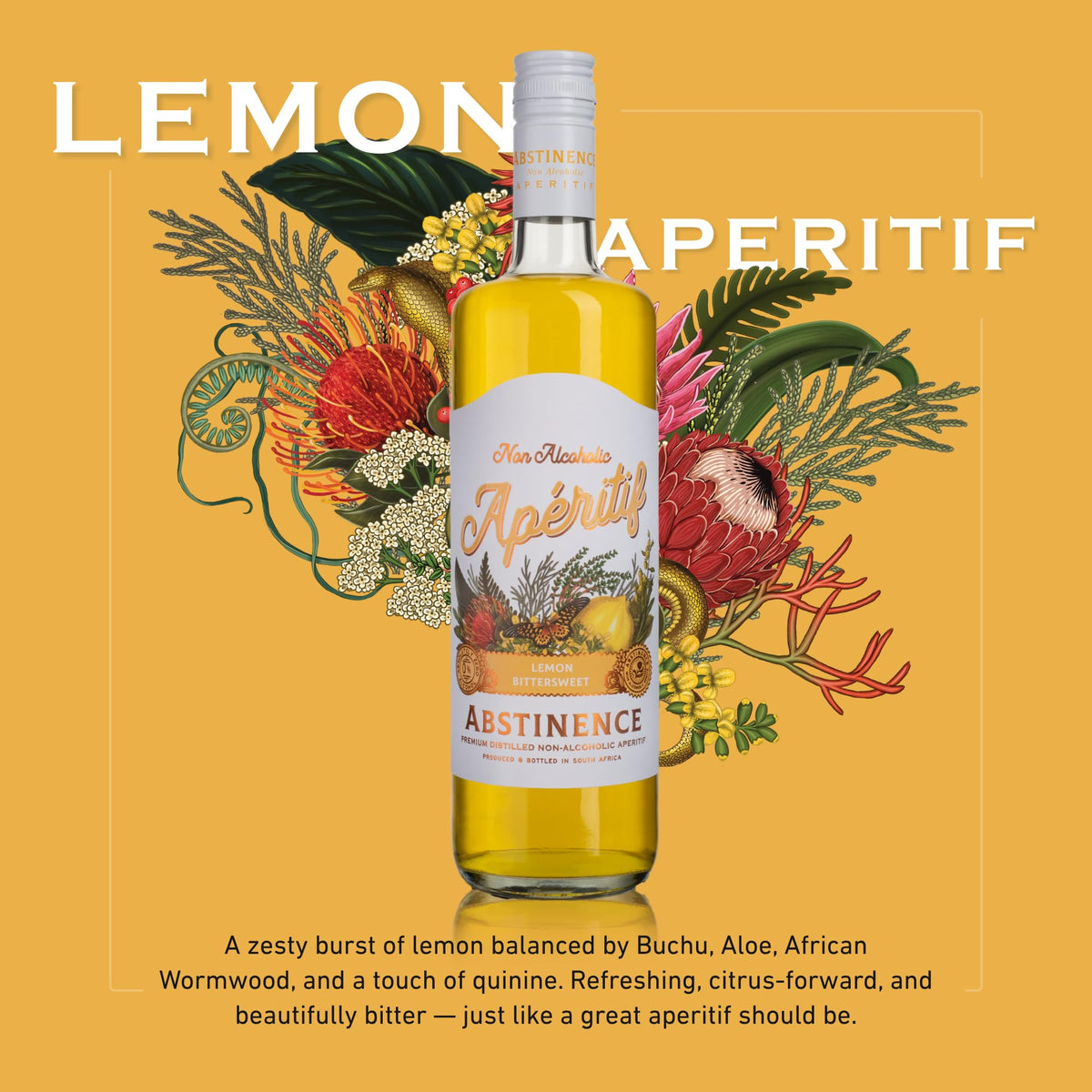Abstinence Lemon Aperitif mocktail setup highlights easy, elegant zero-proof entertaining.
