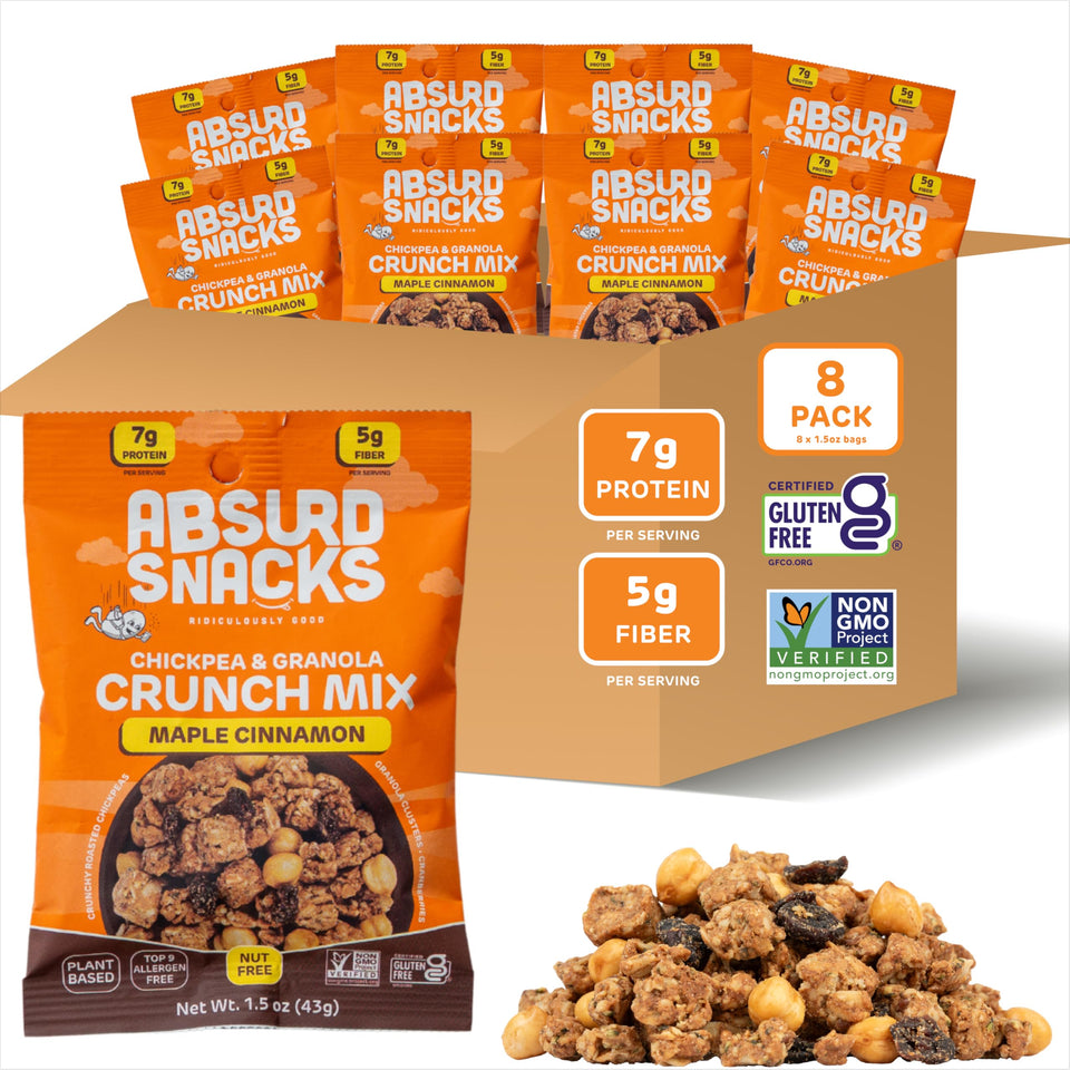 Absurd Snacks Chickpea & Granola Crunch Mix maple cinnamon bag shows the snack’s compact form and protein focus