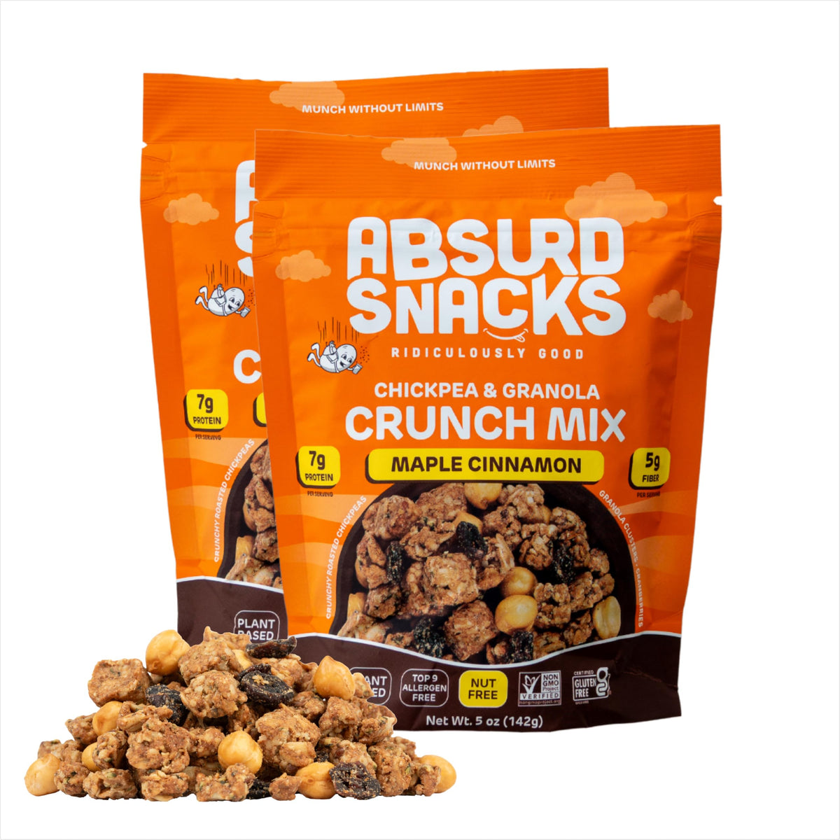 Absurd Snacks maple cinnamon chickpea granola bag, protein-packed snack on the go.