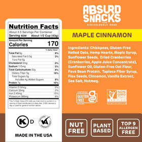 Absurd Snacks maple cinnamon snack pack, convenient two-pack pantry staple.