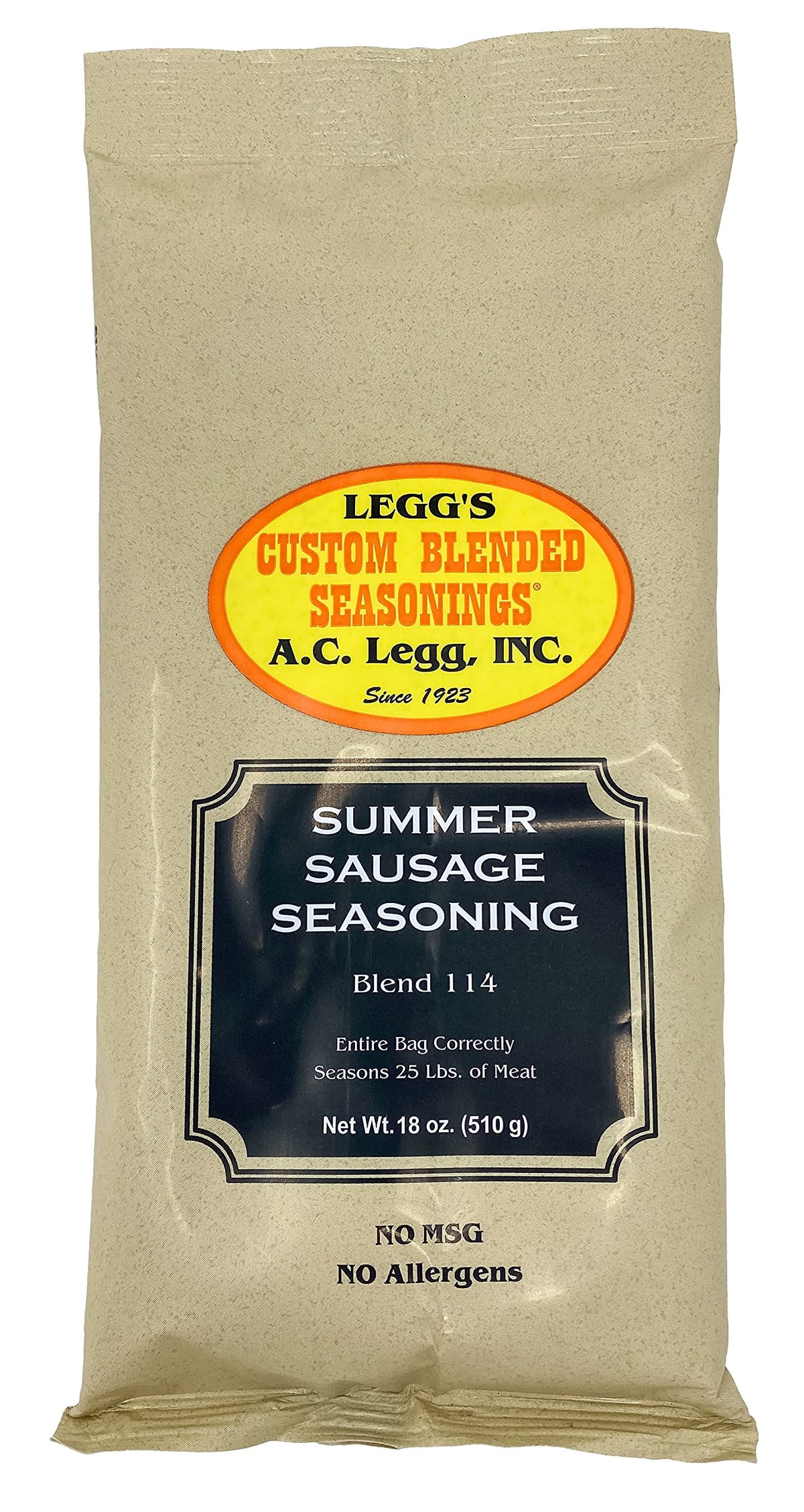 A.C. Legg Summer Sausage Seasoning with Cure Packet bottle ready to flavor meat.