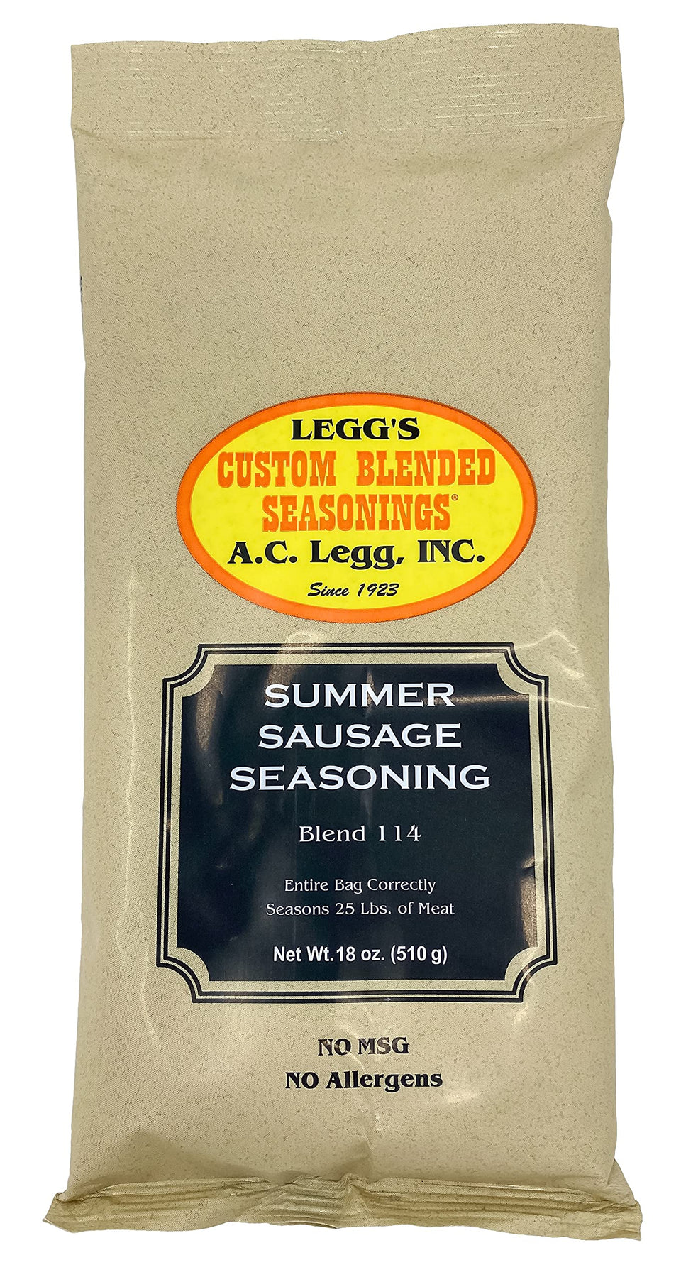 A.C. Legg Summer Sausage Seasoning with Cure Packet bottle ready to flavor meat.