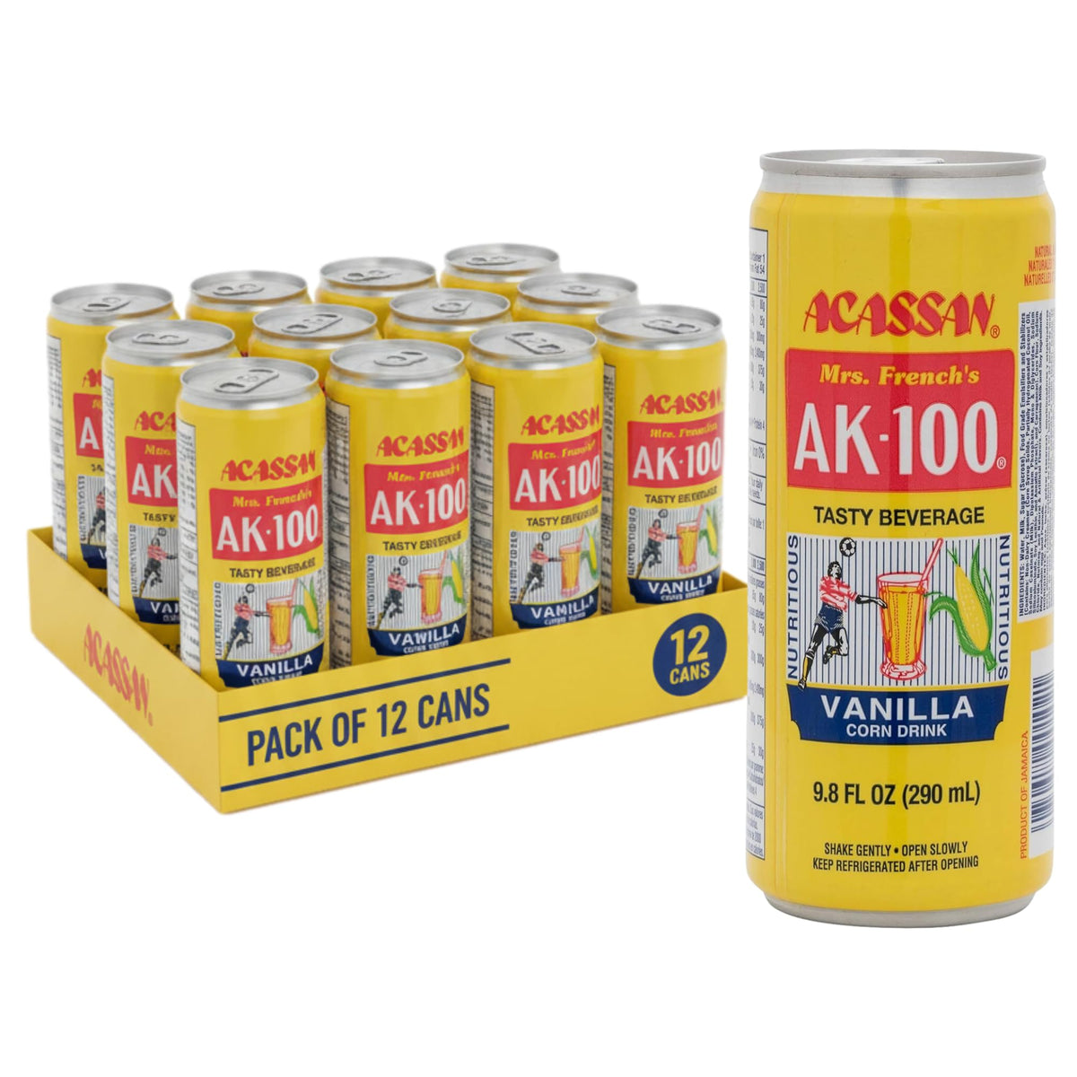 Acassan Mrs. French AK-100 Vanilla Corn Drink bottle pouring, creamy vanilla corn flavor for a refreshing sip.