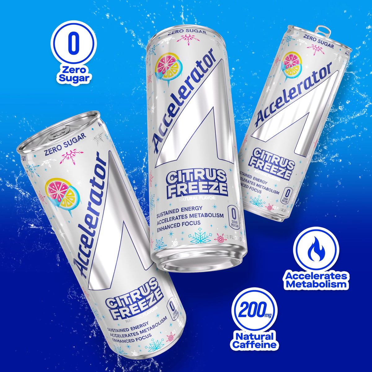 Accelerator Energy Drink 12-pack front shot highlighting zero sugar and keto-friendly option.