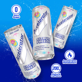 Accelerator Energy Drink 12-pack front shot highlighting zero sugar and keto-friendly option.