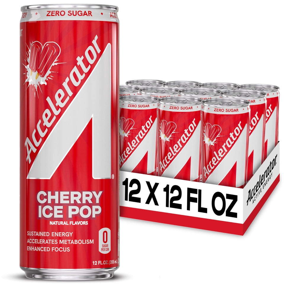 Accelerator Energy Drink Cherry Ice Pop can front shows bold flavor promise for steady energy.
