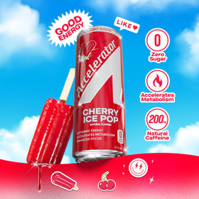 Accelerator Cherry Ice Pop can side shows caffeine and zero sugar, perfect for keto-friendly momentum.