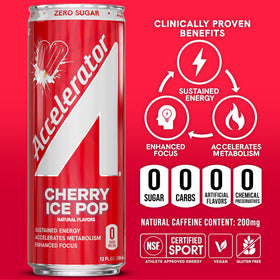 Accelerator Energy Drink Cherry Ice Pop pour into glass demonstrates refreshing energy for workouts.