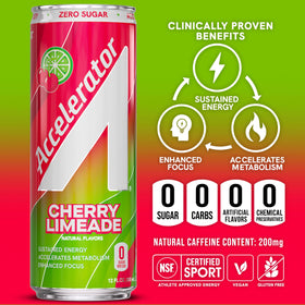 ACCELERATOR Cherry Limeade 12-pack box in a tidy display for on-the-go energy options.