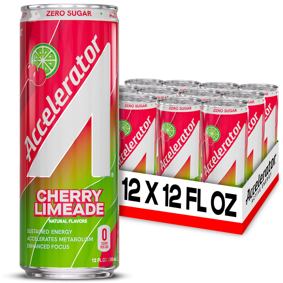 ACCELERATOR Cherry Limeade 12oz can front view showing bold branding and sleek design for energized workouts.