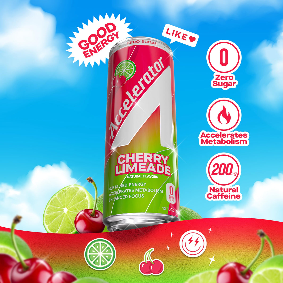 ACCELERATOR Cherry Limeade 12oz can poured into glass displaying bright color and refreshing taste.