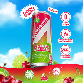 ACCELERATOR Cherry Limeade 12oz can poured into glass displaying bright color and refreshing taste.