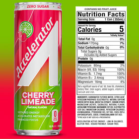 ACCELERATOR Cherry Limeade 12oz can side view highlighting compact form and zero sugar claim.