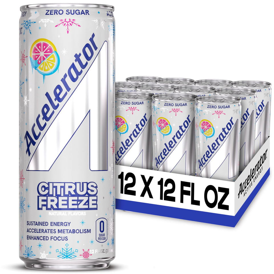 Accelerator Citrus Freeze can front view with zero sugar and natural caffeine for focused energy.