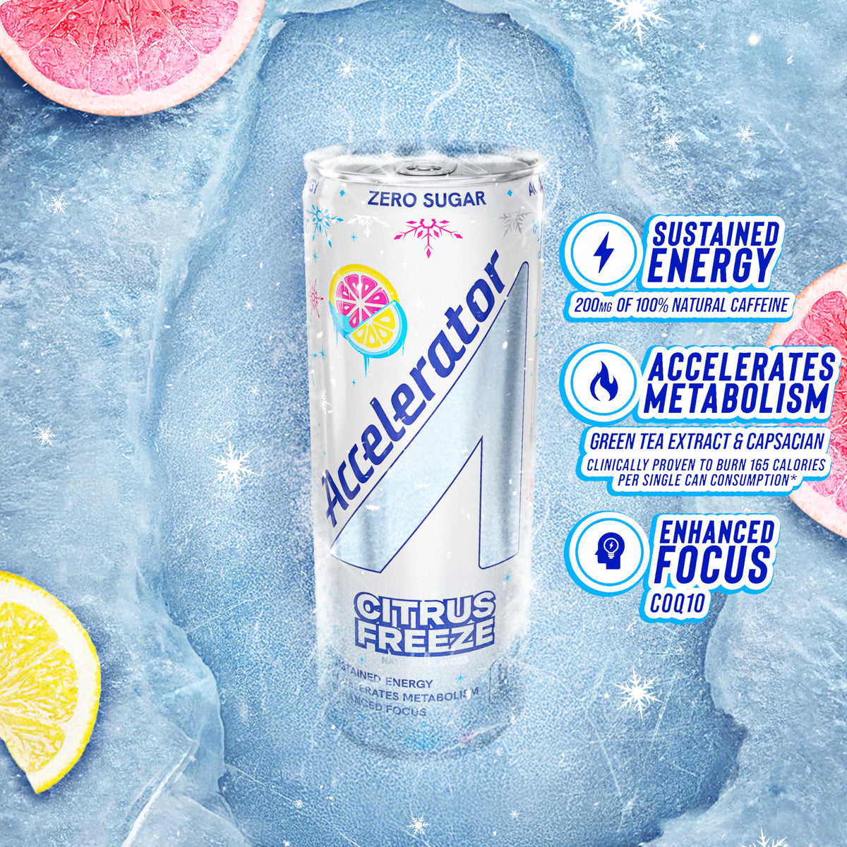 Accelerator Citrus Freeze splash pour showing citrus flavor for daytime energy.