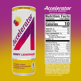 Accelerator Berry Lemonade label highlights flavor and zero sugar