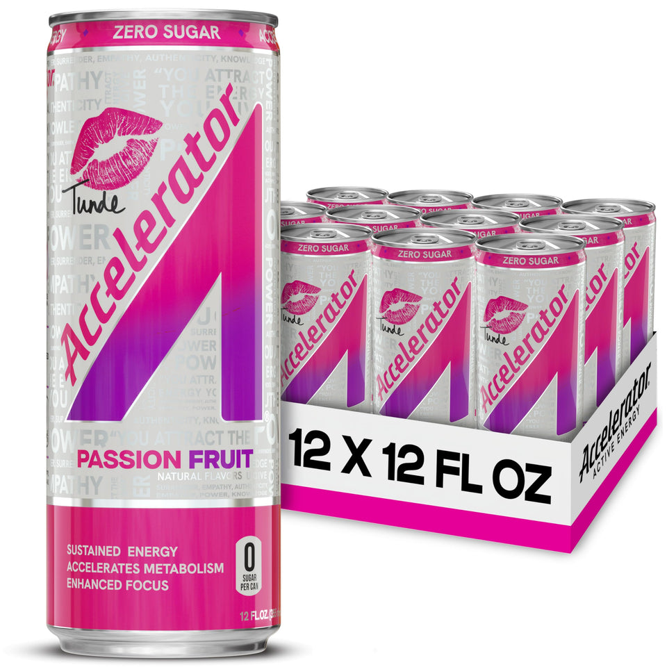 Accelerator Passion Fruit energy drink can front view for sustained energy
