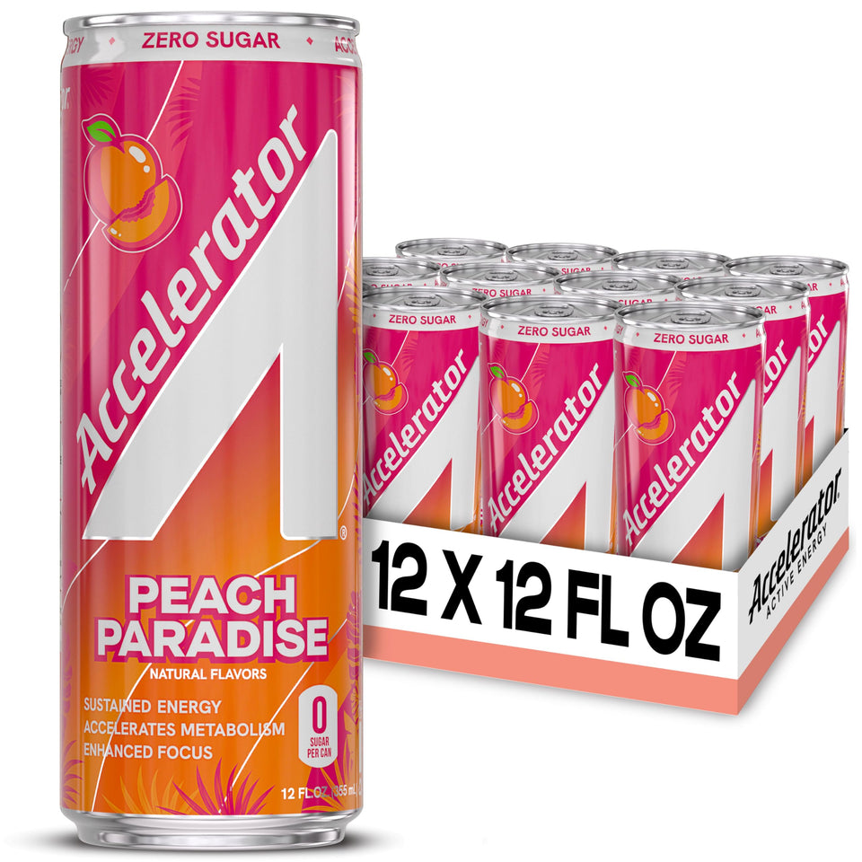 Accelerator Peach Paradise can front view shows clean, sustained energy on the go.