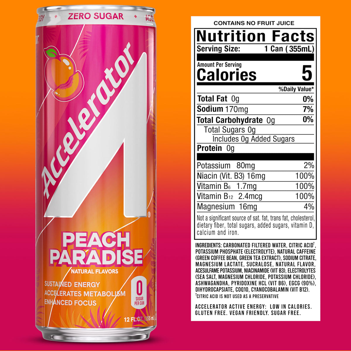 Accelerator Peach Paradise can side angle highlights zero sugar and zero carbs.