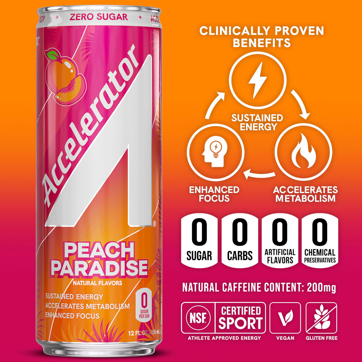 Accelerator Peach Paradise cans array emphasizes vibrant branding and flavor cues.
