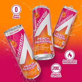 Accelerator Peach Paradise logo closeup highlights brand identity and energy promise.