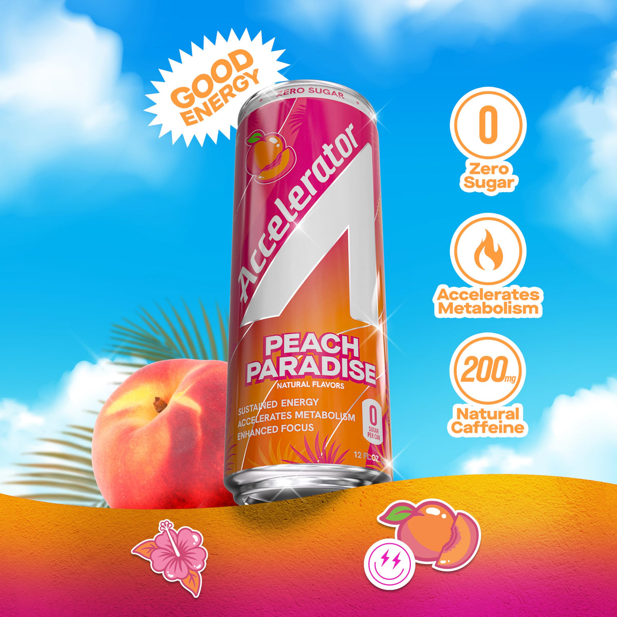 Accelerator Peach Paradise promo pack image shows twelve cans for convenient energy.