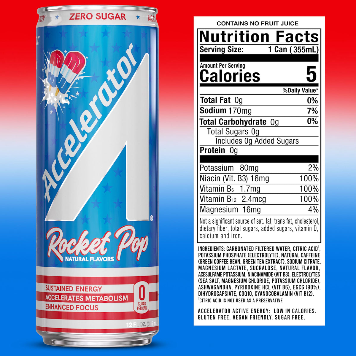 Close-up of Accelerator Energy Drink Rocket Pop can with vibrant label.