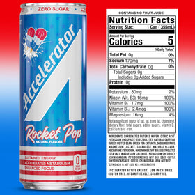 Close-up of Accelerator Energy Drink Rocket Pop can with vibrant label.