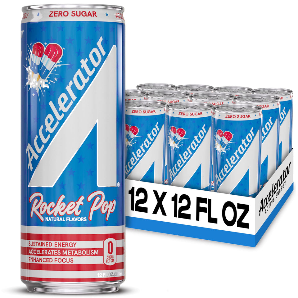 Accelerator Energy Drink Rocket Pop can on table ready for a focused workout.