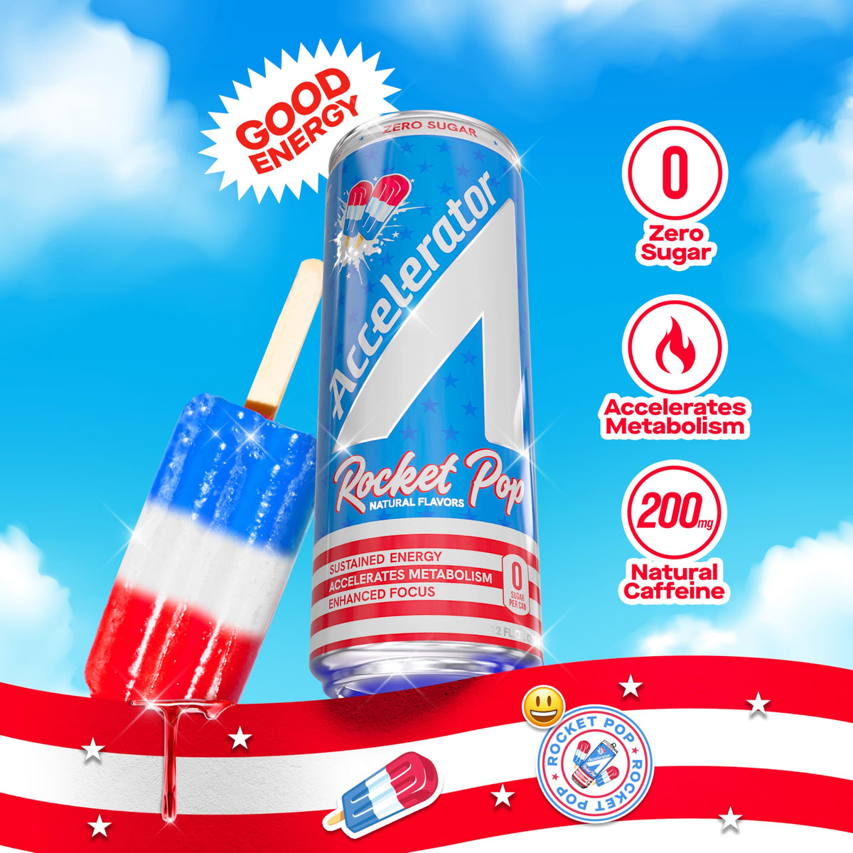 Glass of Accelerator Energy Drink Rocket Pop being poured for a refreshing boost.