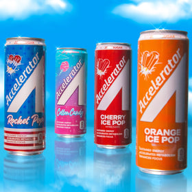 Ingredients label on Accelerator Energy Drink Rocket Pop highlights natural caffeine and capsaicin.