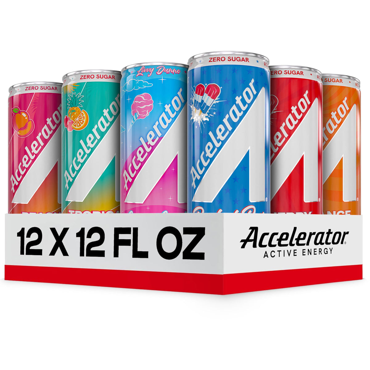 ACCELERATOR energy drink variety pack cans showing eight flavors for sustained energy
