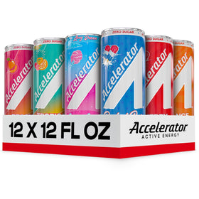 ACCELERATOR energy drink variety pack cans showing eight flavors for sustained energy