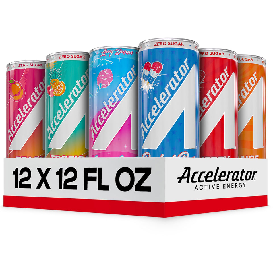 ACCELERATOR energy drink variety pack cans showing eight flavors for sustained energy