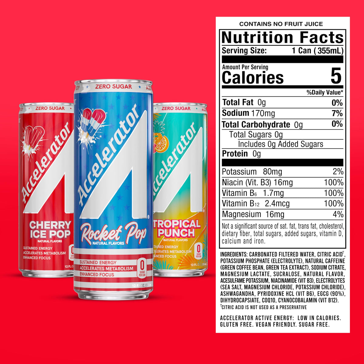 Accelerator Energy Drink Tropical Punch can delivers sustained energy for workouts