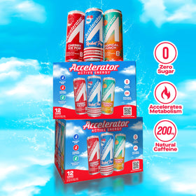 Stacked Accelerator Energy Drink cans showcase the twelve-pack variety for on-the-go energy