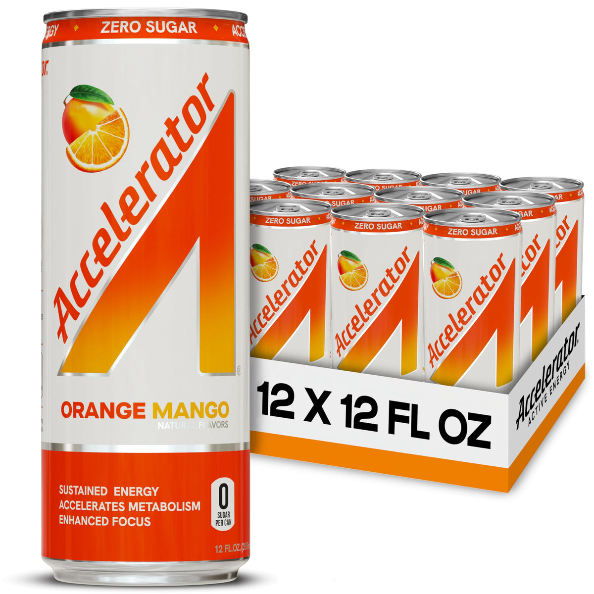 Accelerator Energy Orange Mango 12oz can pack for sustained energy and focus.