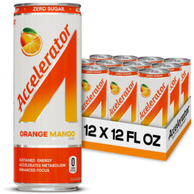 Accelerator Energy Orange Mango 12oz can pack for sustained energy and focus.