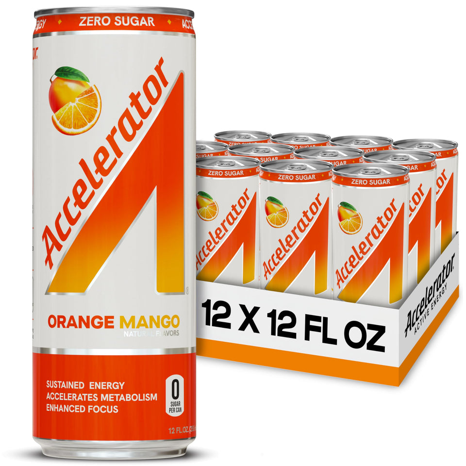 Accelerator Energy Orange Mango 12oz can pack for sustained energy and focus.