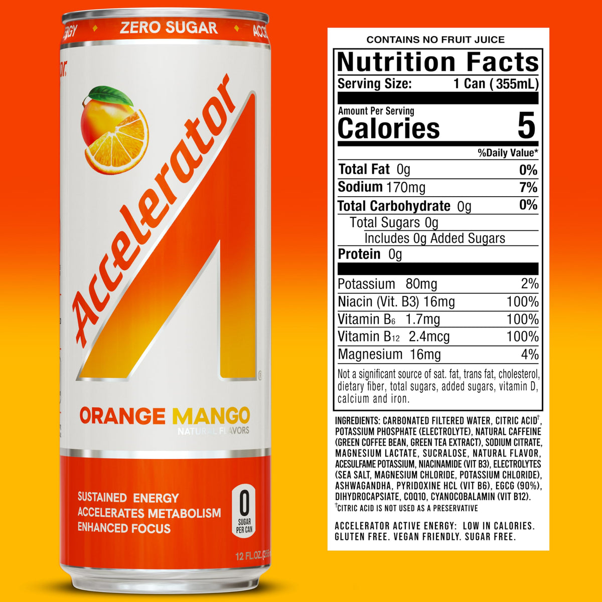 Accelerator Energy Orange Mango can label close-up highlighting zero sugar and natural caffeine.