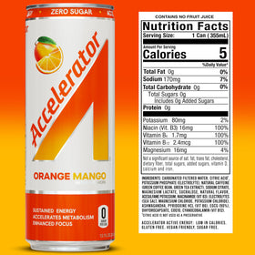 Accelerator Energy Orange Mango can label close-up highlighting zero sugar and natural caffeine.