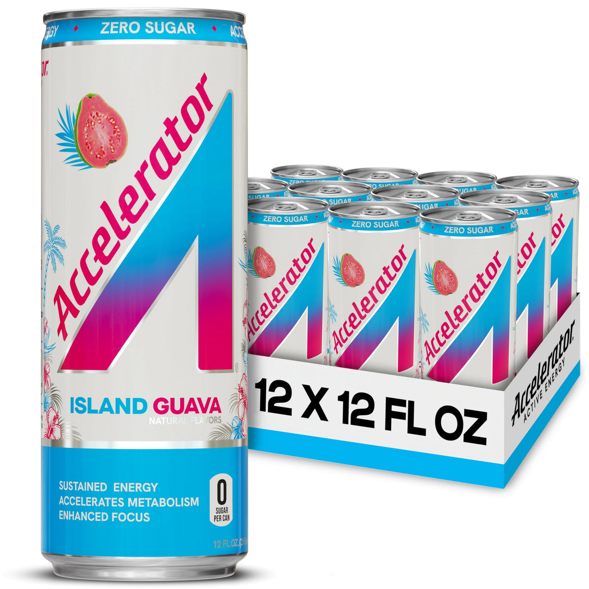 Accelerator Island Guava 12oz can, front view, fuels sustained energy for workouts.