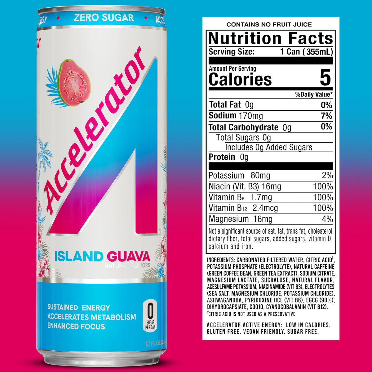 Accelerator Island Guava 12oz can, side view, zero sugar for clean energy.
