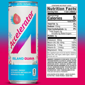 Accelerator Island Guava 12oz can, side view, zero sugar for clean energy.
