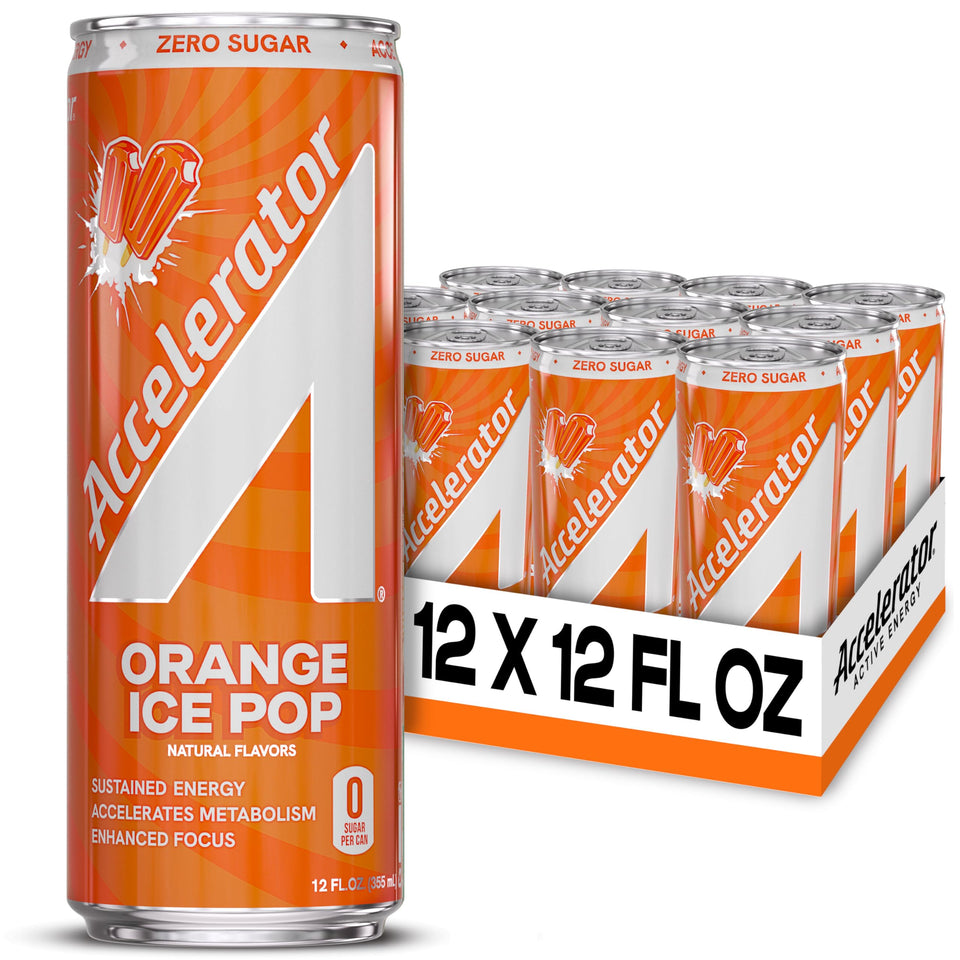 Accelerator Orange Ice Pop can showing crisp flavor for focused energy