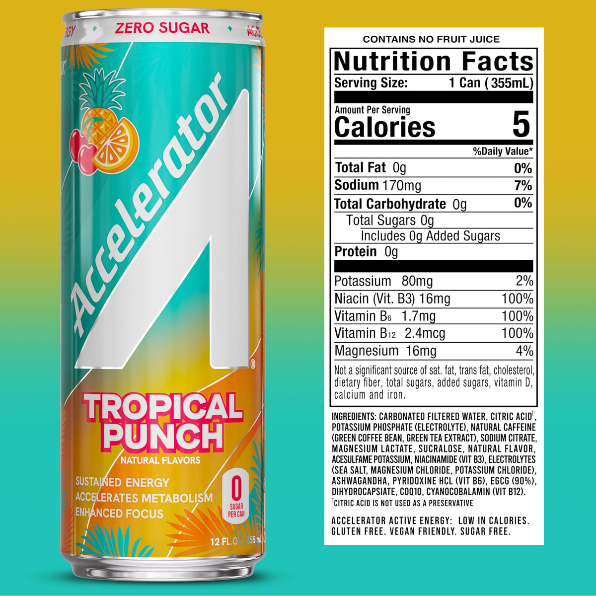 Accelerator Tropical Punch 12-pack displayed on a counter for keto-friendly energy