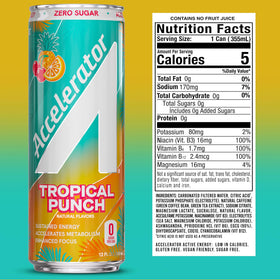 Accelerator Tropical Punch 12-pack displayed on a counter for keto-friendly energy