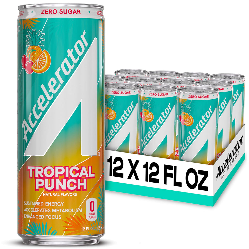 Accelerator Tropical Punch can on a desk for sustained energy during workouts
