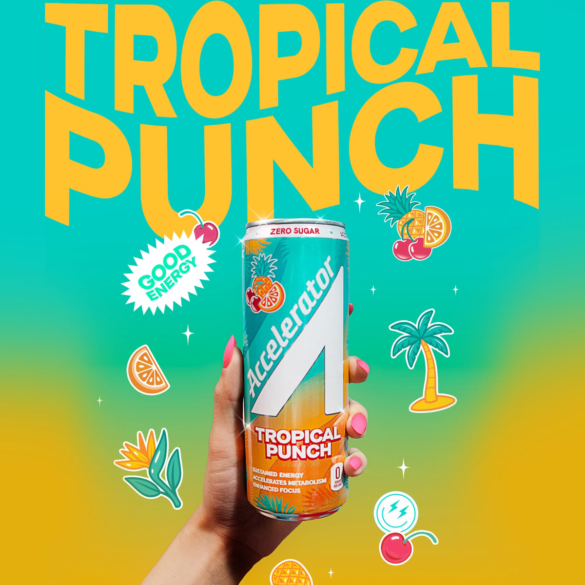 Close-up of can highlighting CoQ10 and capsaicin in Accelerator Tropical Punch