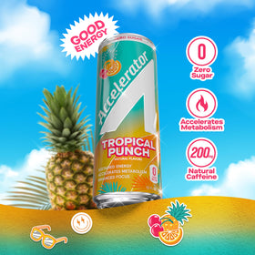 Label close-up of Accelerator Tropical Punch showing natural caffeine sources